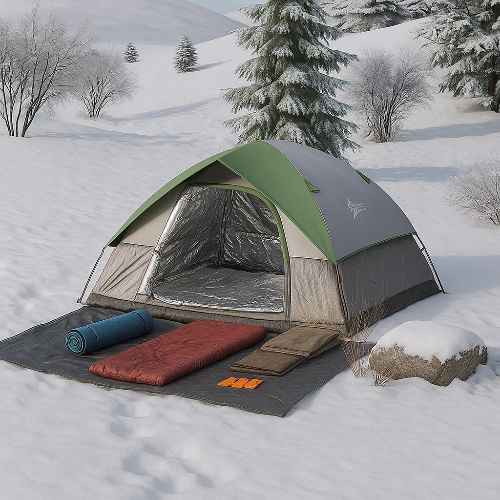 Équipement de camping d'hiver comprenant des couvertures thermiques, des nattes en mousse et du matériel d'isolation de tente.
