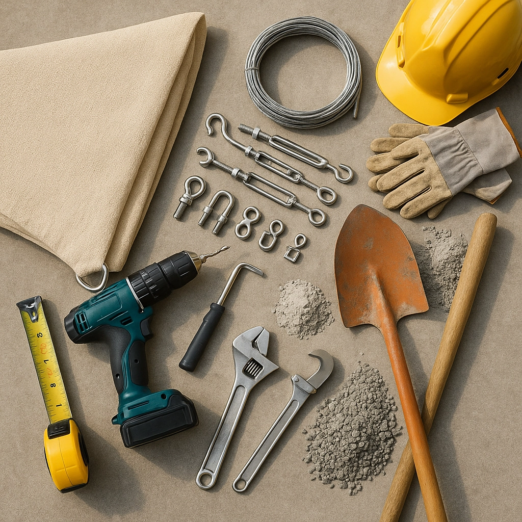 Outils et matériaux essentiels requis pour installer une voile d'ombrage extérieure durable.