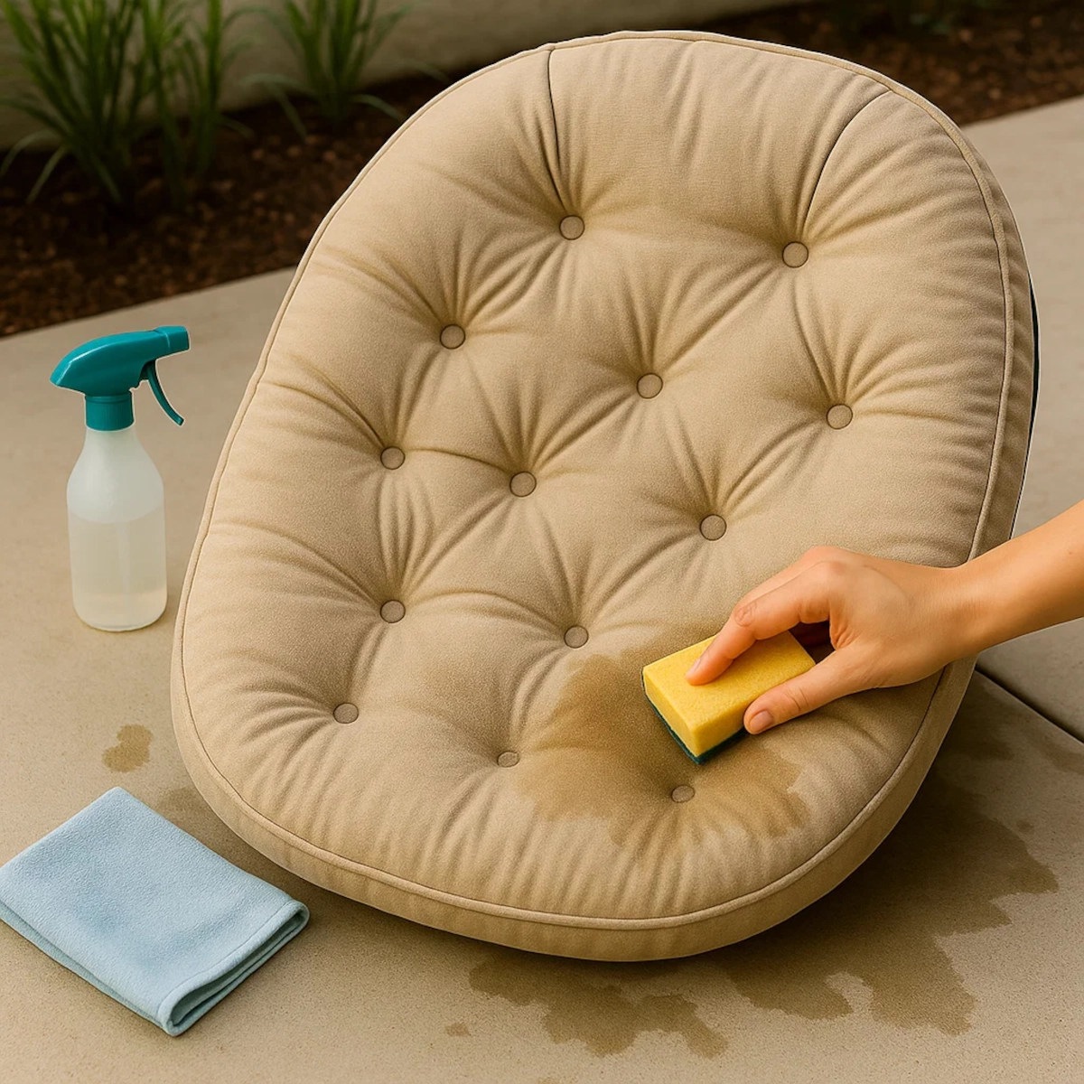 Main frottant un coussin beige avec une éponge et un flacon pulvérisateur pour un nettoyage en profondeur du mobilier d’extérieur.