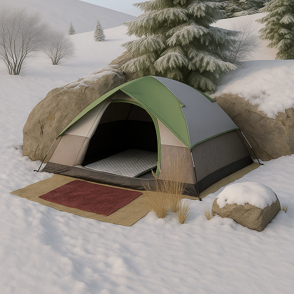 Équipement de camping d'hiver comprenant des couvertures thermiques, des nattes en mousse et du matériel d'isolation de tente.