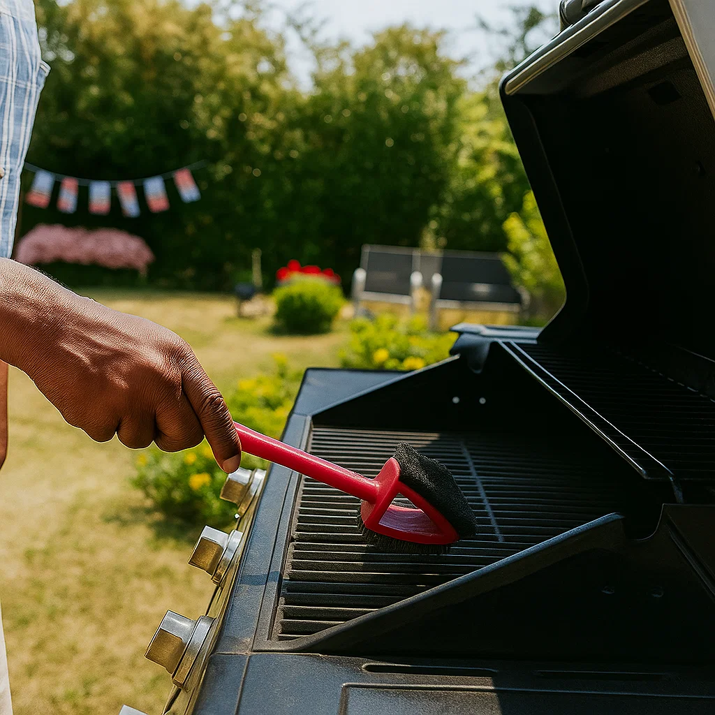 Personne utilisant une brosse rouge pour nettoyer les grilles d'un barbecue dans une cour ensoleillée.