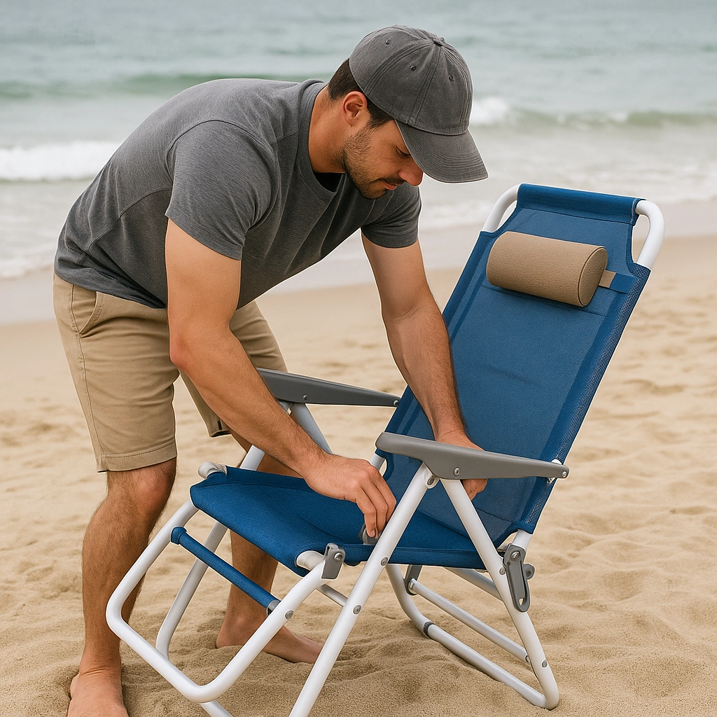 Homme pliant une chaise de plage inclinable sur une plage de sable avec l'océan en arrière-plan.