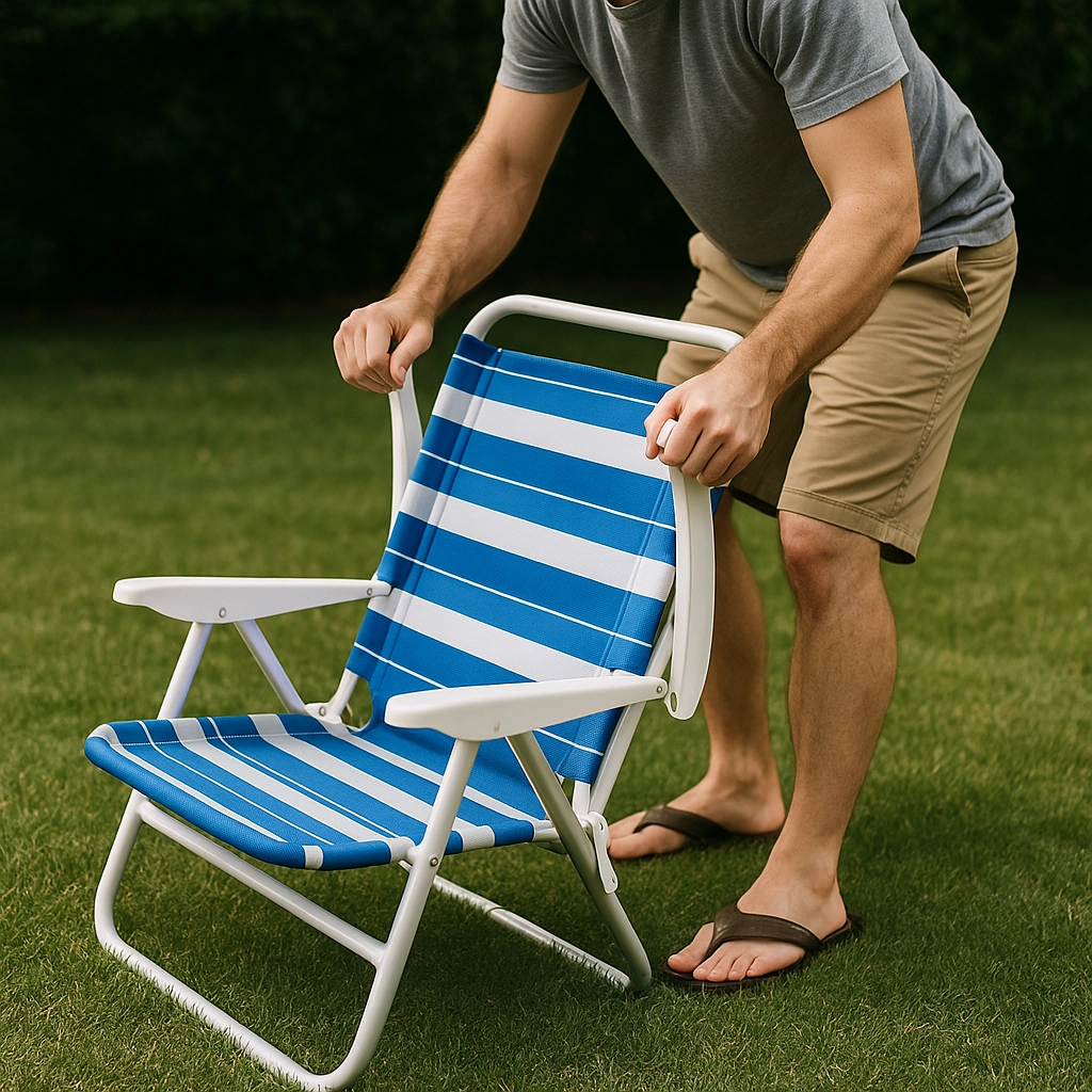 Homme pliant une chaise de plage rayée bleue et blanche sur une pelouse verte.