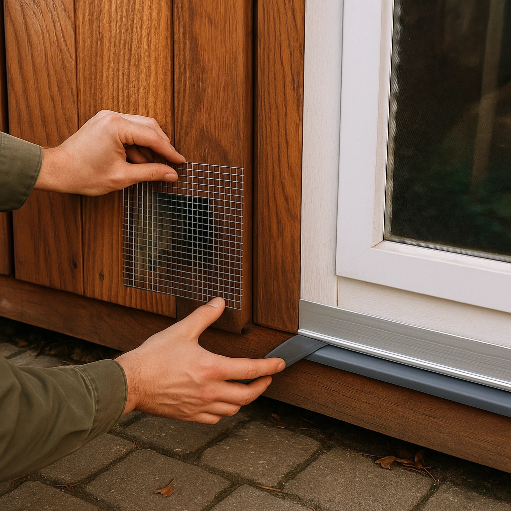 Installation d’une grille métallique pour boucher les interstices dans les murs d’un cabanon.