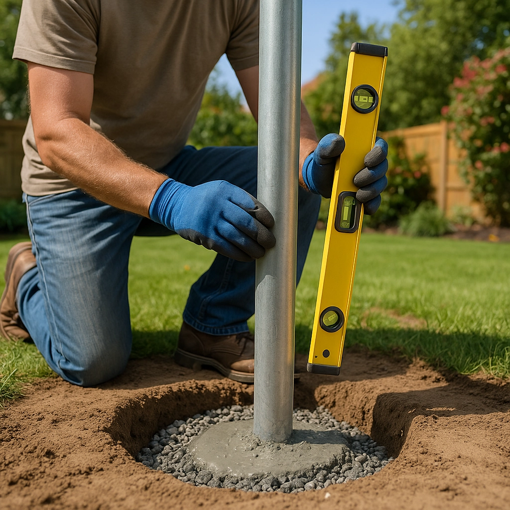 Installation de poteaux verticaux pour créer des points d'ancrage supplémentaires pour la voile d'ombrage.