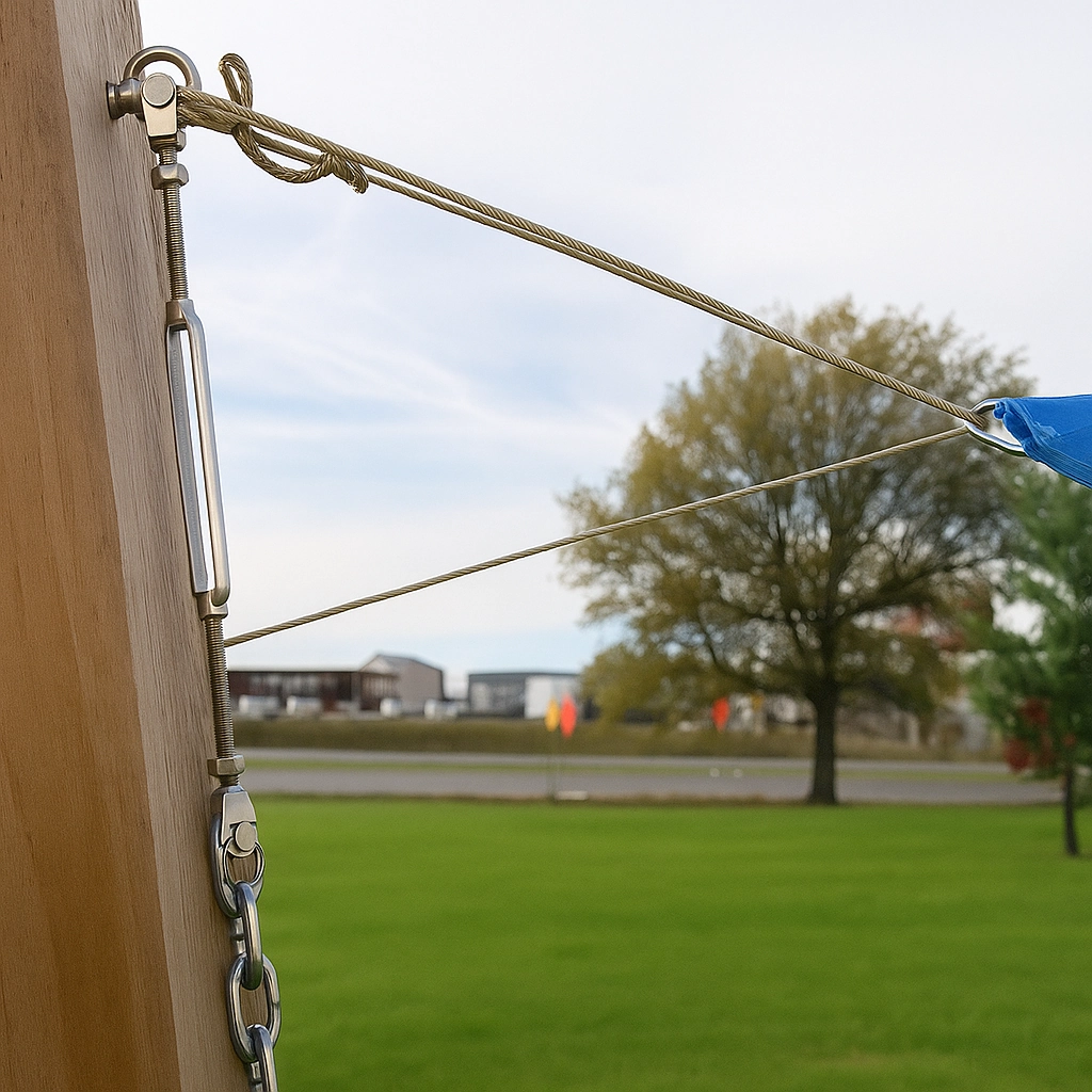 Mettre sous tension et fixer les coins de la voile d'ombrage au matériel préinstallé pour une installation correcte.
