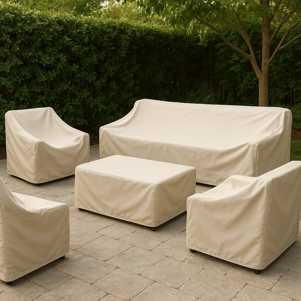Meubles de patio extérieurs protégés par des housses beiges pour éloigner les insectes et la poussière.