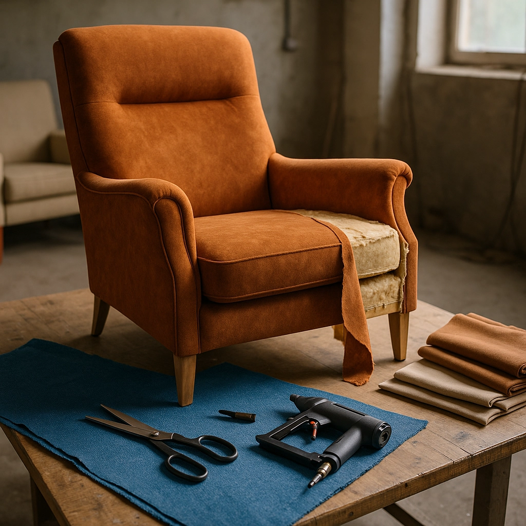 Fauteuil en cours de rembourrage avec des tissus et des outils posés sur une table en bois.