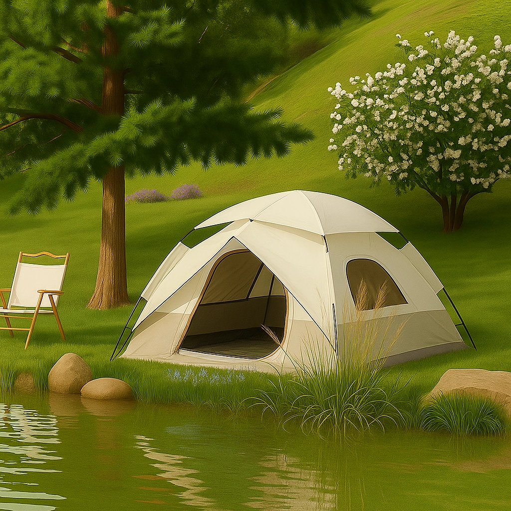 Tente de camping de couleur claire qui réfléchit la lumière du soleil, aidant à garder l’intérieur plus frais.