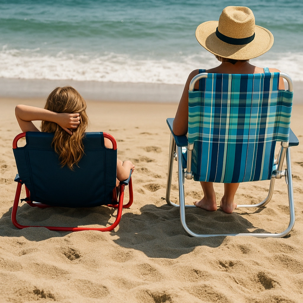 Enfant et adulte assis respectivement sur des chaises de plage basses et traditionnelles face à la mer.