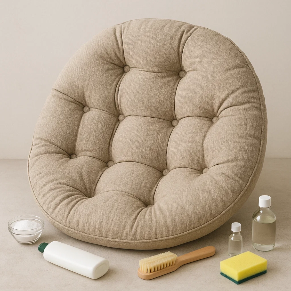 Outils de nettoyage disposés à côté d’un coussin en tissu pour traiter les taches tenaces et l’accumulation de saleté.