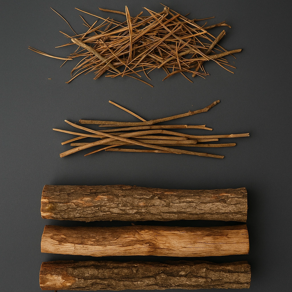 Collection de matériaux pour allumer un feu, incluant du bois, du petit bois et des allume-feu destinés à un foyer extérieur.