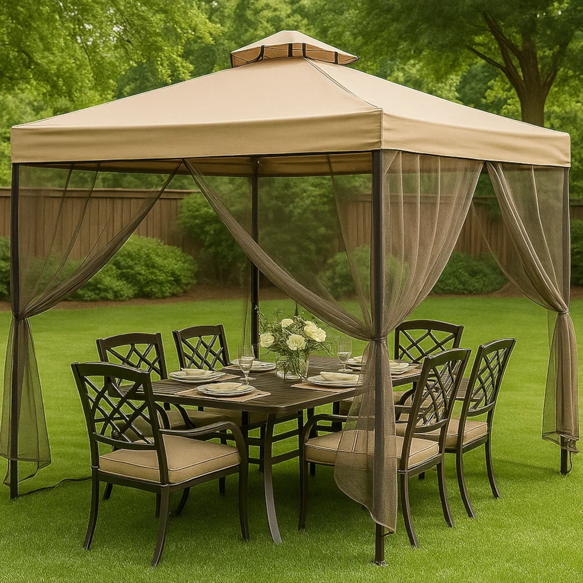 Tente de gazebo avec moustiquaire recouvrant une table de salle à manger installée sur une pelouse verdoyante.