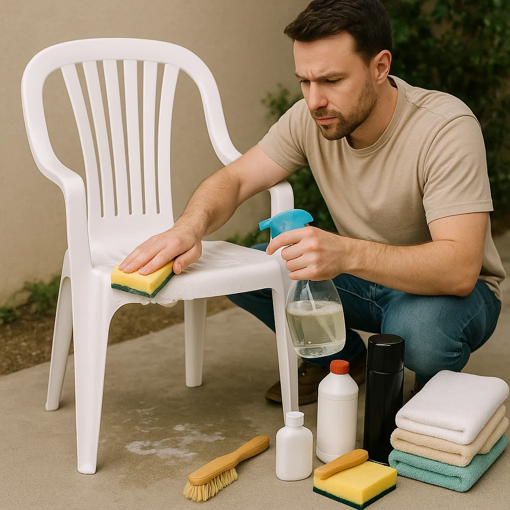 Ensemble de chaises en plastique empilées avec des produits de nettoyage prêts à l’emploi.