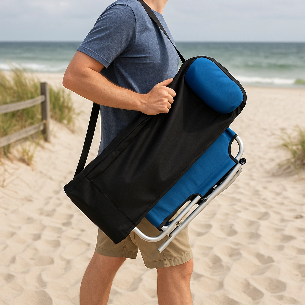 Homme transportant une chaise de plage pliable dans un sac bandoulière noir sur un sentier de plage sablonneux.