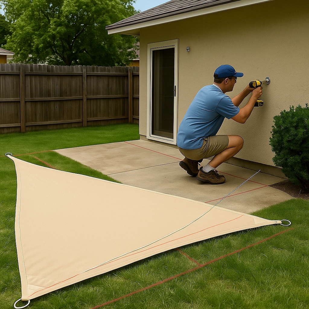 Installation du matériel sur des structures robustes pour supporter la tension et la stabilité de la voile d'ombrage.
