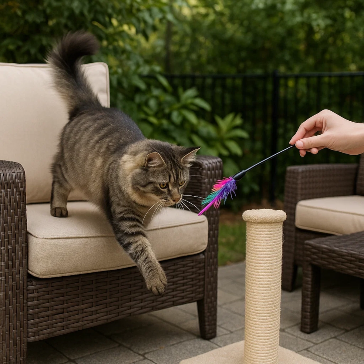 Chat jouant avec un jouet comme méthode pour rediriger son attention loin des meubles de patio