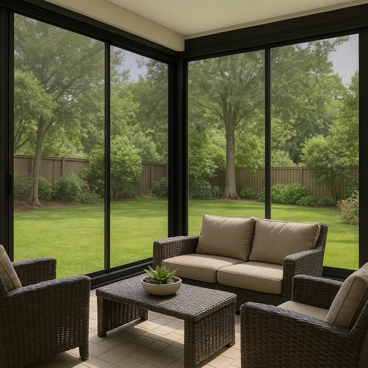 Patio confortable clos avec des meubles en osier et de grandes fenêtres à moustiquaires rétractables.