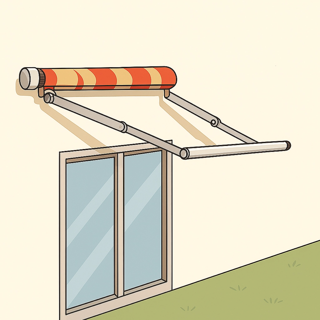 Auvent rétractable partiellement rétracté, montrant le mécanisme de bras repliables au-dessus d’une fenêtre.