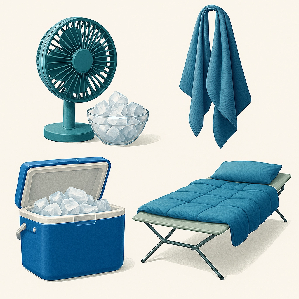 Équipements essentiels pour le camping d’été, incluant ventilateur, glacière, serviette et lit pliant pour le refroidissement.