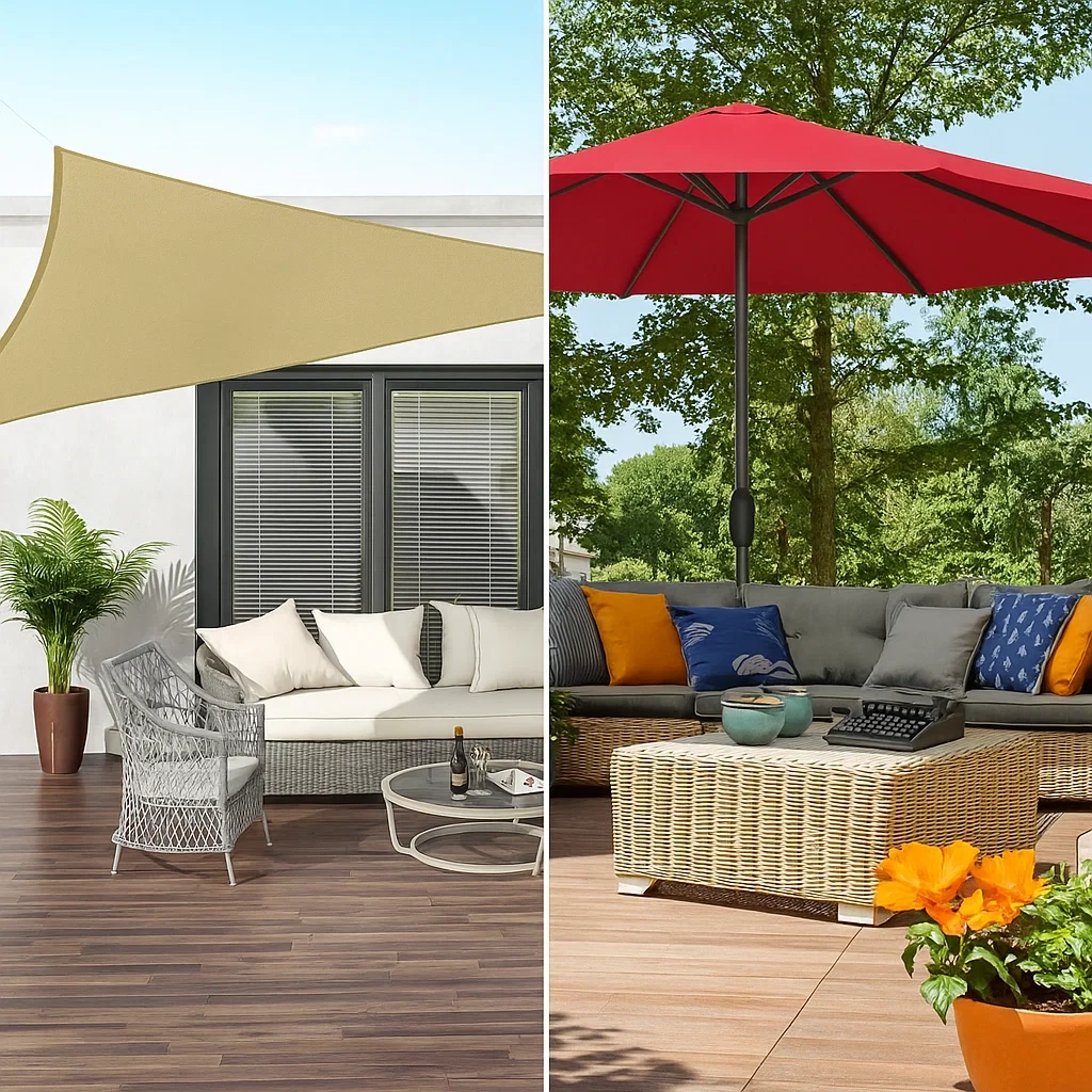 Comparaison visuelle entre une voile d'ombrage de patio et un parasol pour la protection solaire en extérieur.