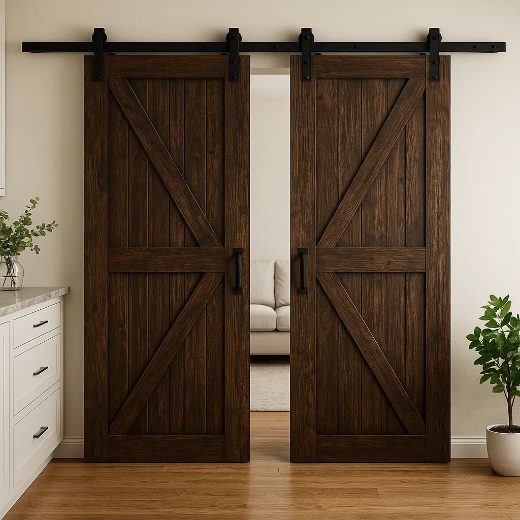 Portes coulissantes de grange en bois foncé avec ferrures noires séparant la cuisine d'un salon chaleureux.