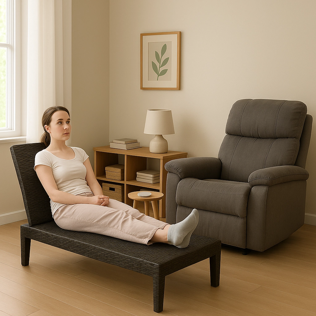 Femme assise sur une chaise longue noire en rotin à côté d'un fauteuil inclinable gris foncé dans une pièce cosy.