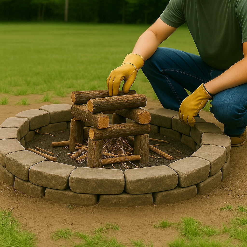 Disposition du feu en cabane utilisant du bois empilé et du petit bois pour une flamme uniforme et une bonne circulation de l’air.