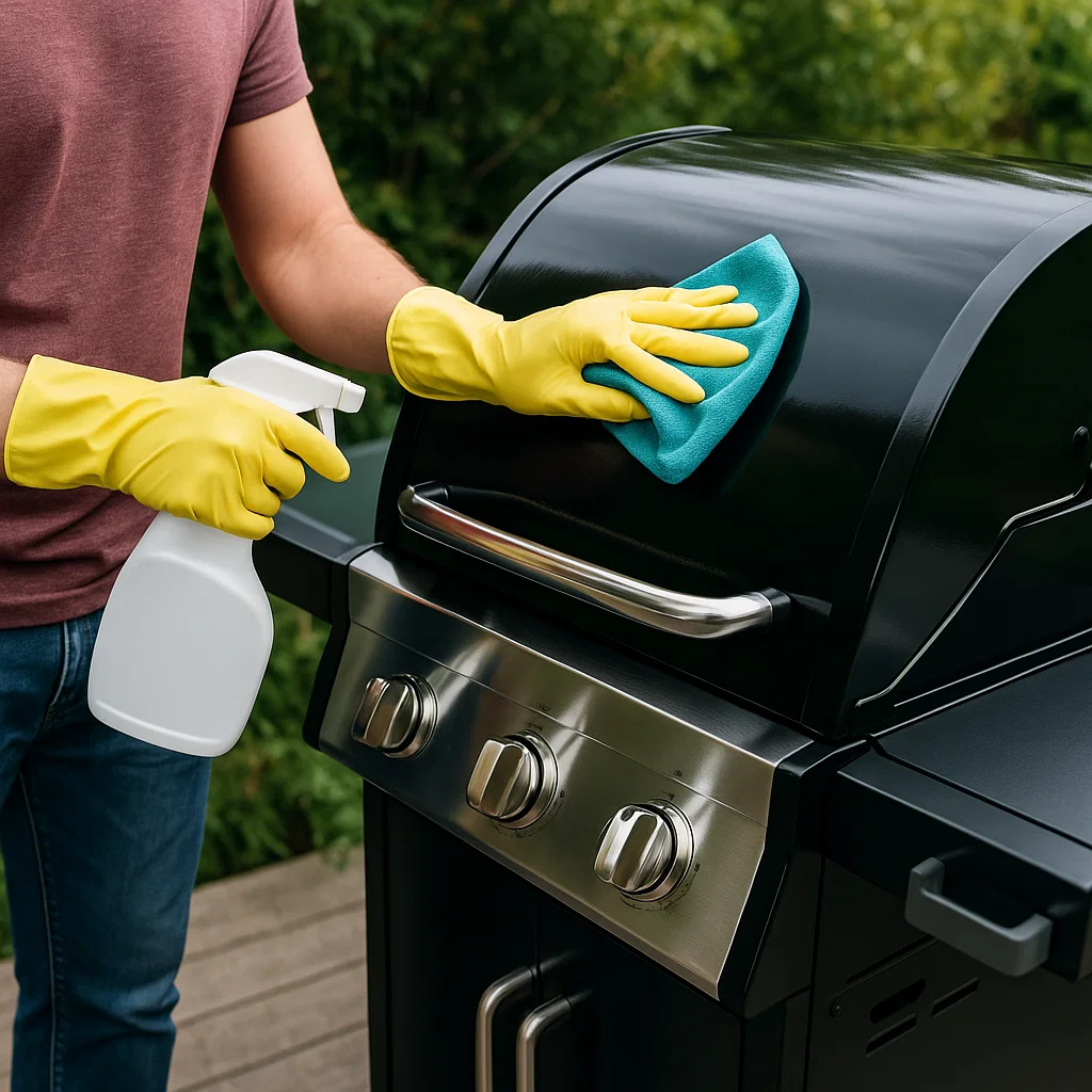 Personne nettoyant l'extérieur brillant d'un barbecue avec un chiffon en microfibre et un flacon pulvérisateur tout en portant des gants jaunes.