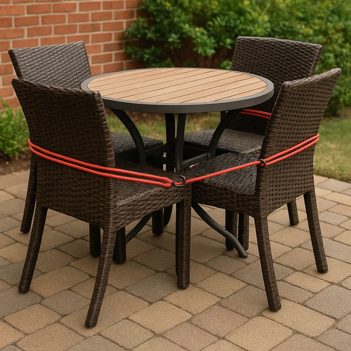 Chaises en osier et table attachées ensemble avec une corde élastique rouge pour plus de stabilité.
