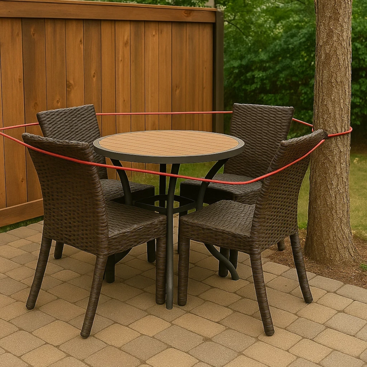 Chaises de terrasse attachées avec une corde rouge autour du tronc d’un arbre à côté d’une clôture en bois.