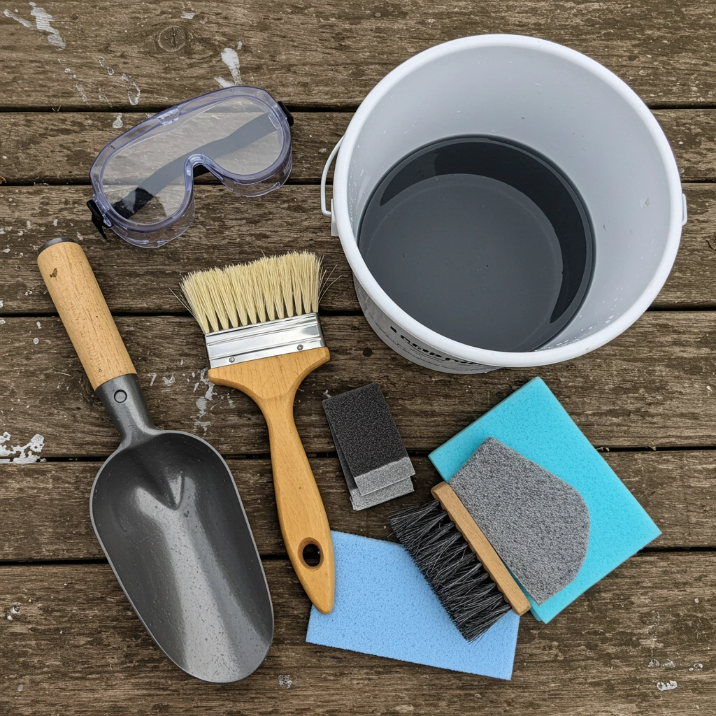 Outils de nettoyage de foyer comprenant une brosse métallique, des gants, un seau et un racloir sur une surface de patio.