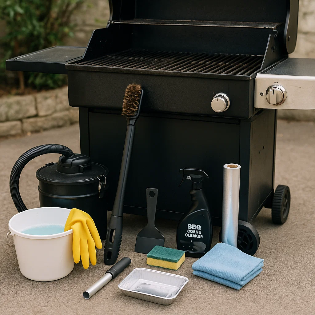 Barbecue extérieur avec divers outils de nettoyage comme des gants, brosses, vaporisateur, éponge et papier d'aluminium disposés devant.