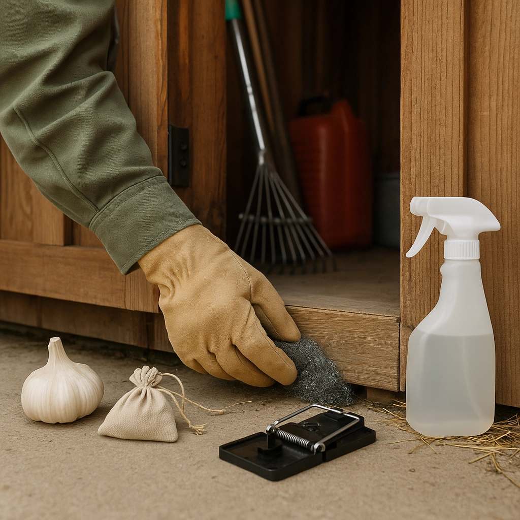 Placement de pièges et de répulsifs pour résoudre une infestation de souris dans un cabanon.