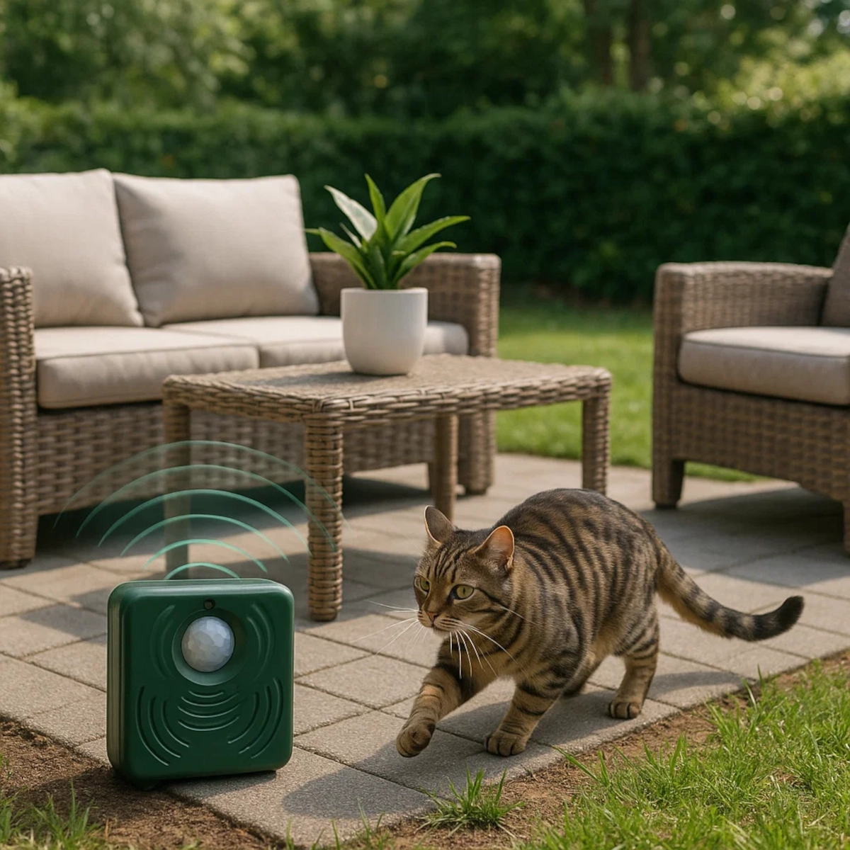 Dispositif ultrasonique répulsif placé dans le jardin pour empêcher les chats de grimper sur les meubles