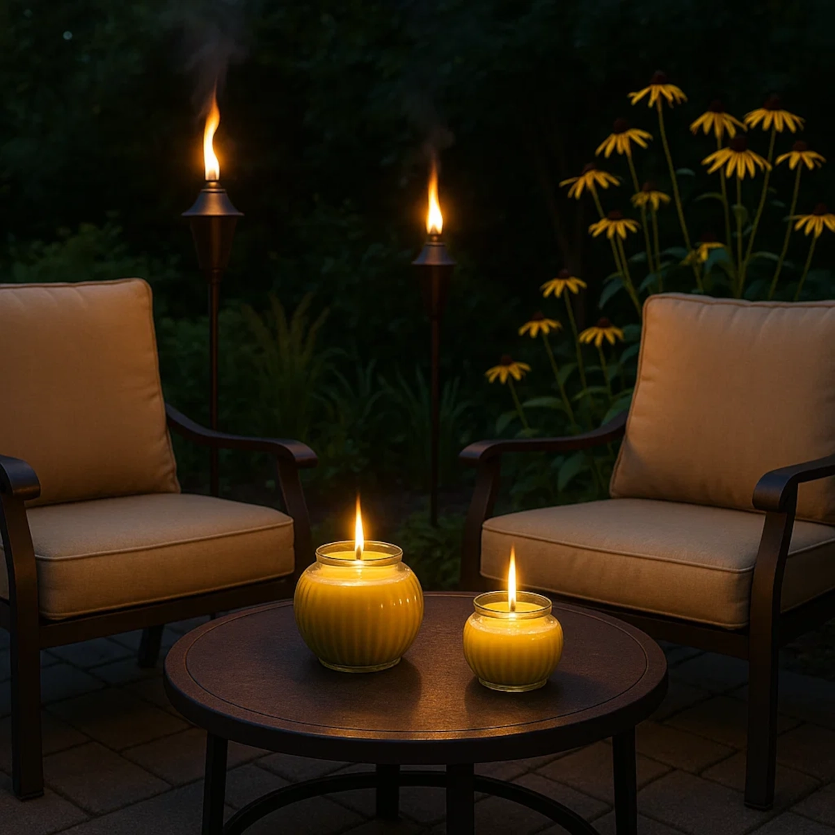 Bougies allumées à la citronnelle et torches tiki pour lutter contre les moustiques sur un patio la nuit.