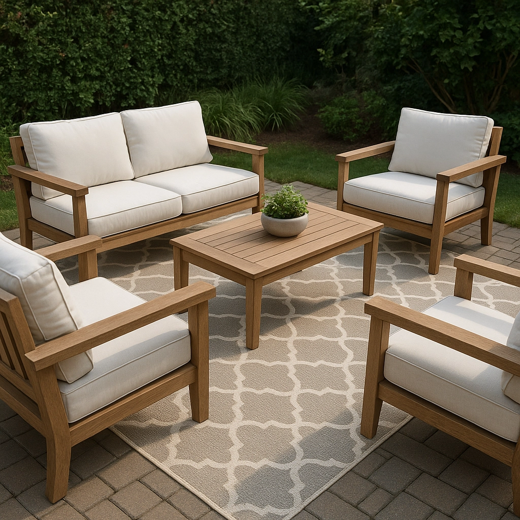 Tapis beige à motif fixé avec des meubles de patio en bois sur une terrasse en pierre.