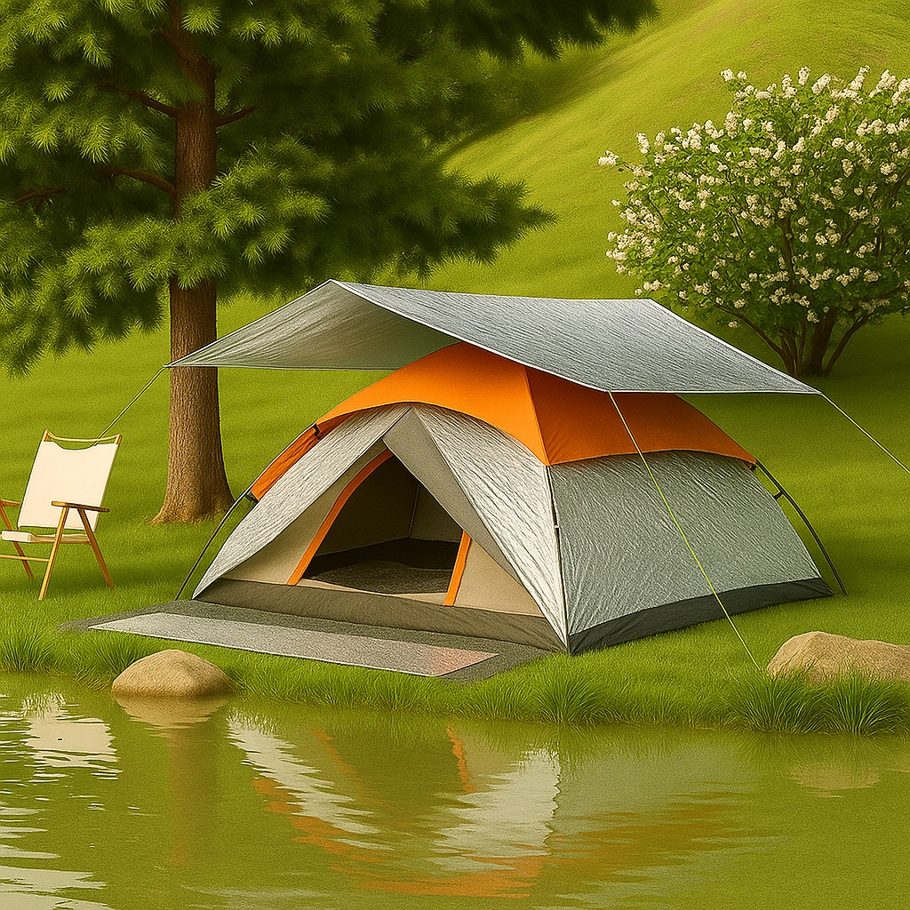 Tente avec une bâche réfléchissante au-dessus pour réduire la chaleur du soleil et garder l’intérieur plus frais.