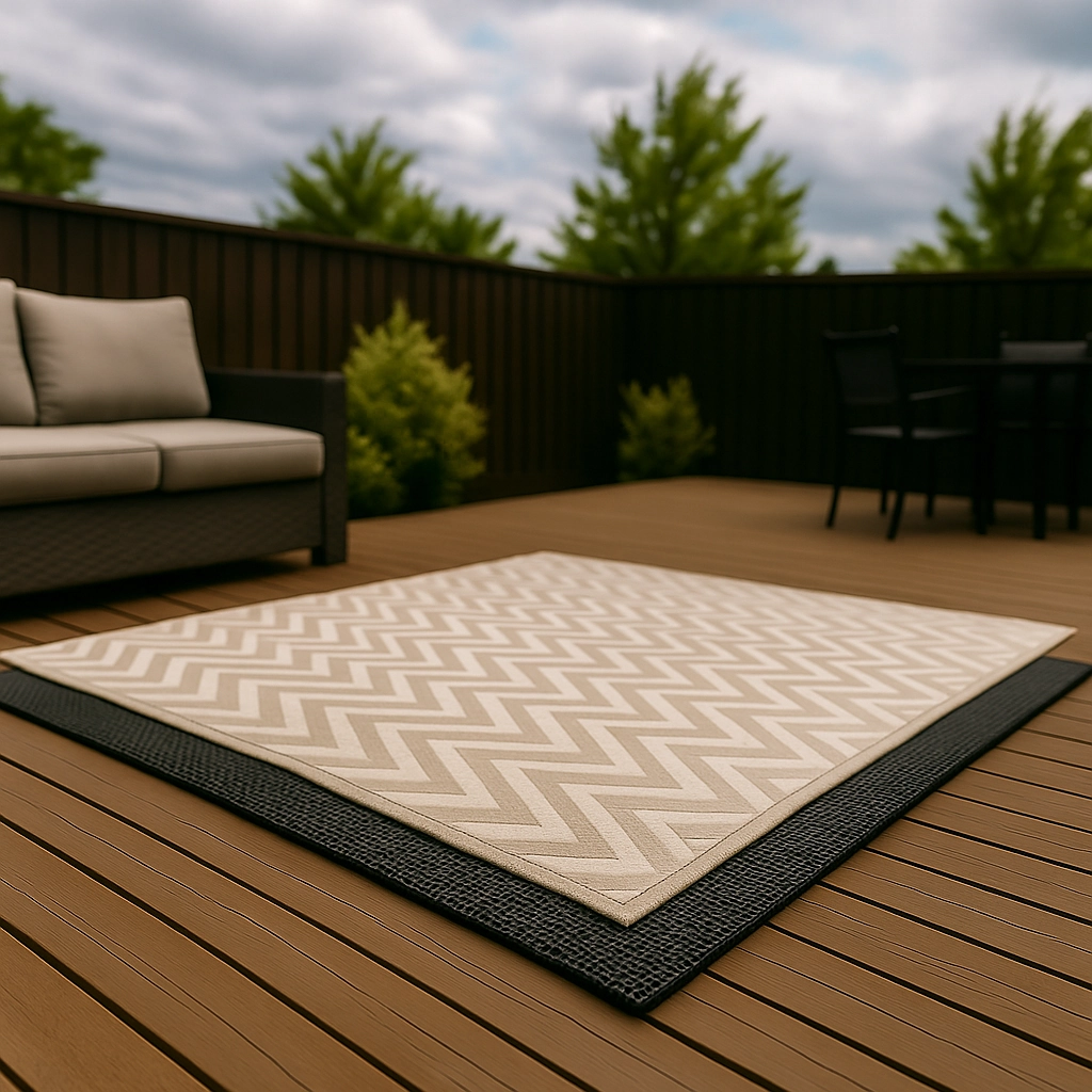 Tapis d'extérieur à motif en chevrons posé sur un sous-tapis noir sur une terrasse pour plus de stabilité.