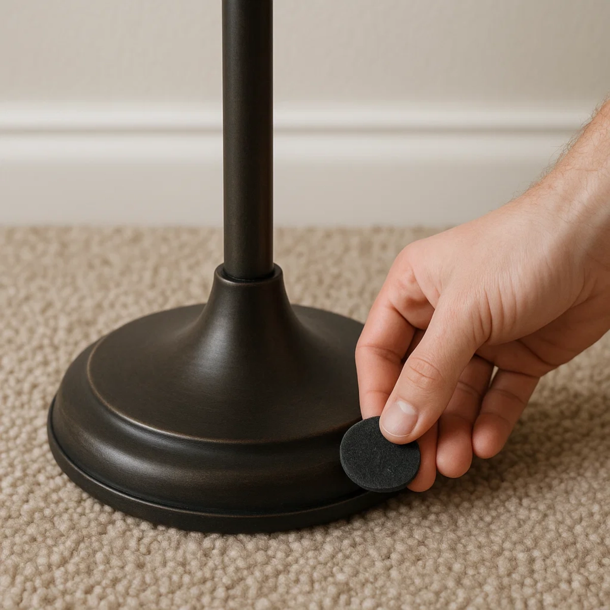 Patins en feutre appliqués sous la base d'un lampadaire pour réduire les vacillements sur moquette.