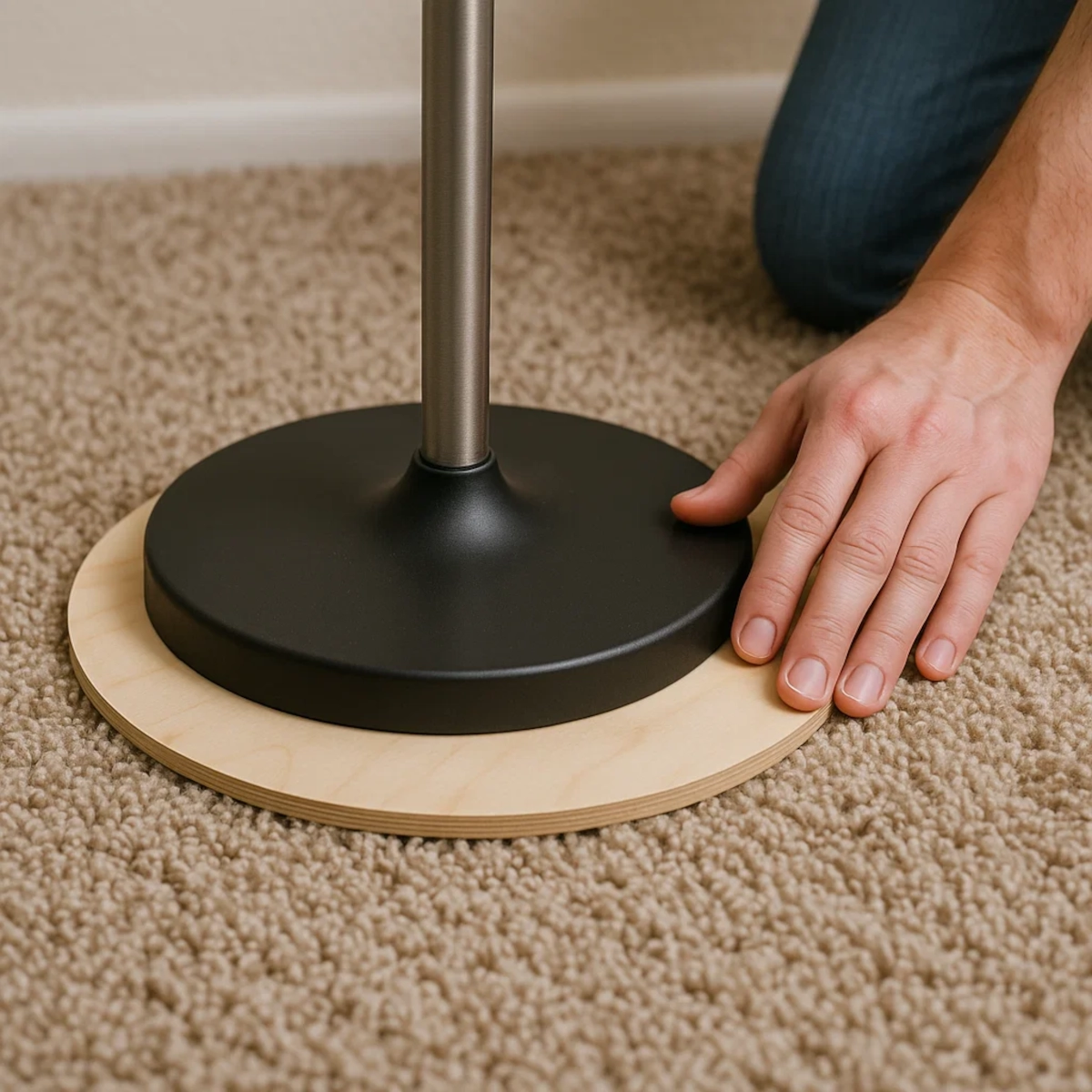 Planche ronde en bois placée sous la base d'un lampadaire pour assurer la stabilité sur une moquette épaisse.