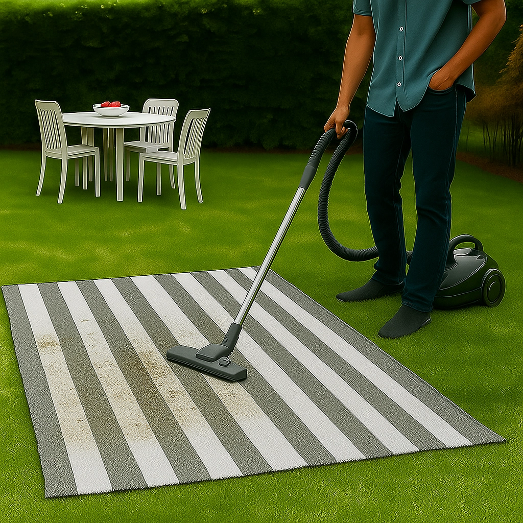 Homme passant l'aspirateur sur un tapis d'extérieur posé sur la pelouse pour un nettoyage approfondi et complet.