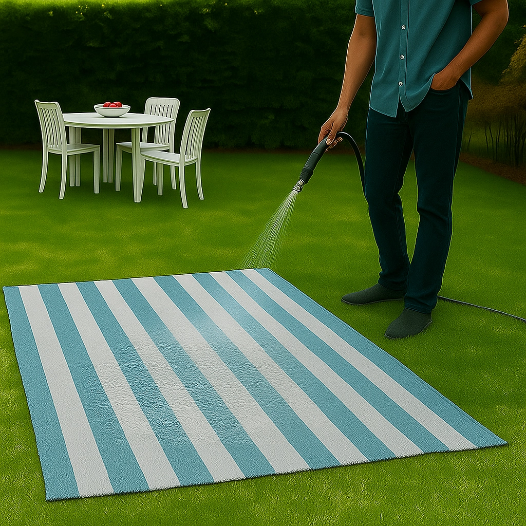 Homme rinçant un tapis d'extérieur rayé à l'aide d'un tuyau d'arrosage pour un nettoyage facile dans le jardin.