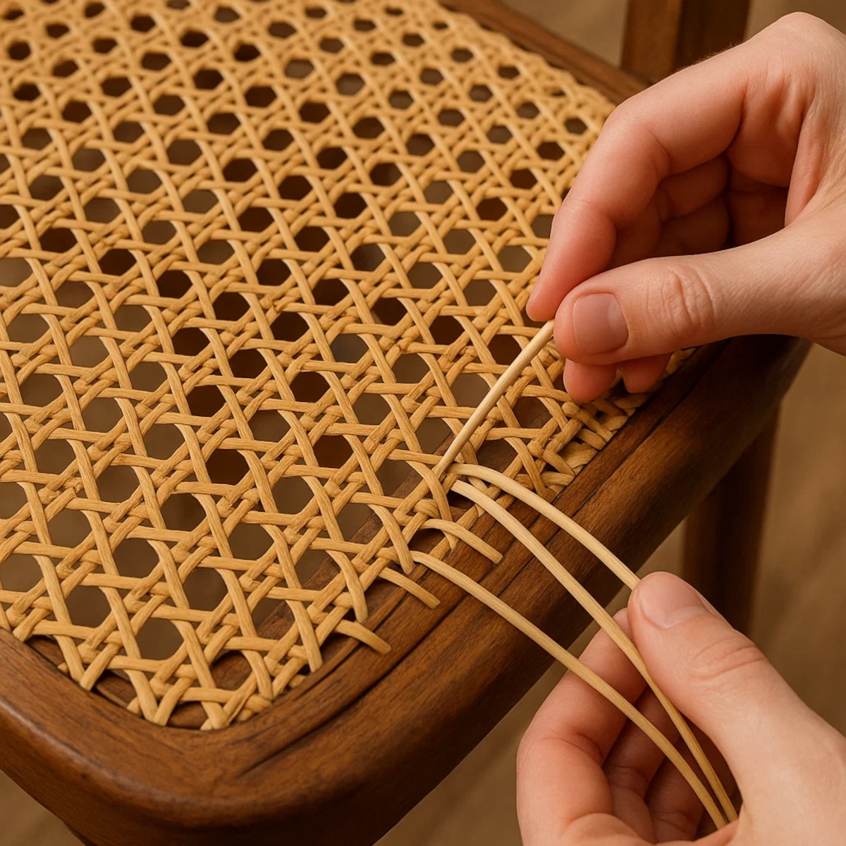 Tressage de nouveaux brins de rotin dans une chaise afin de restaurer le motif et la solidité d’origine