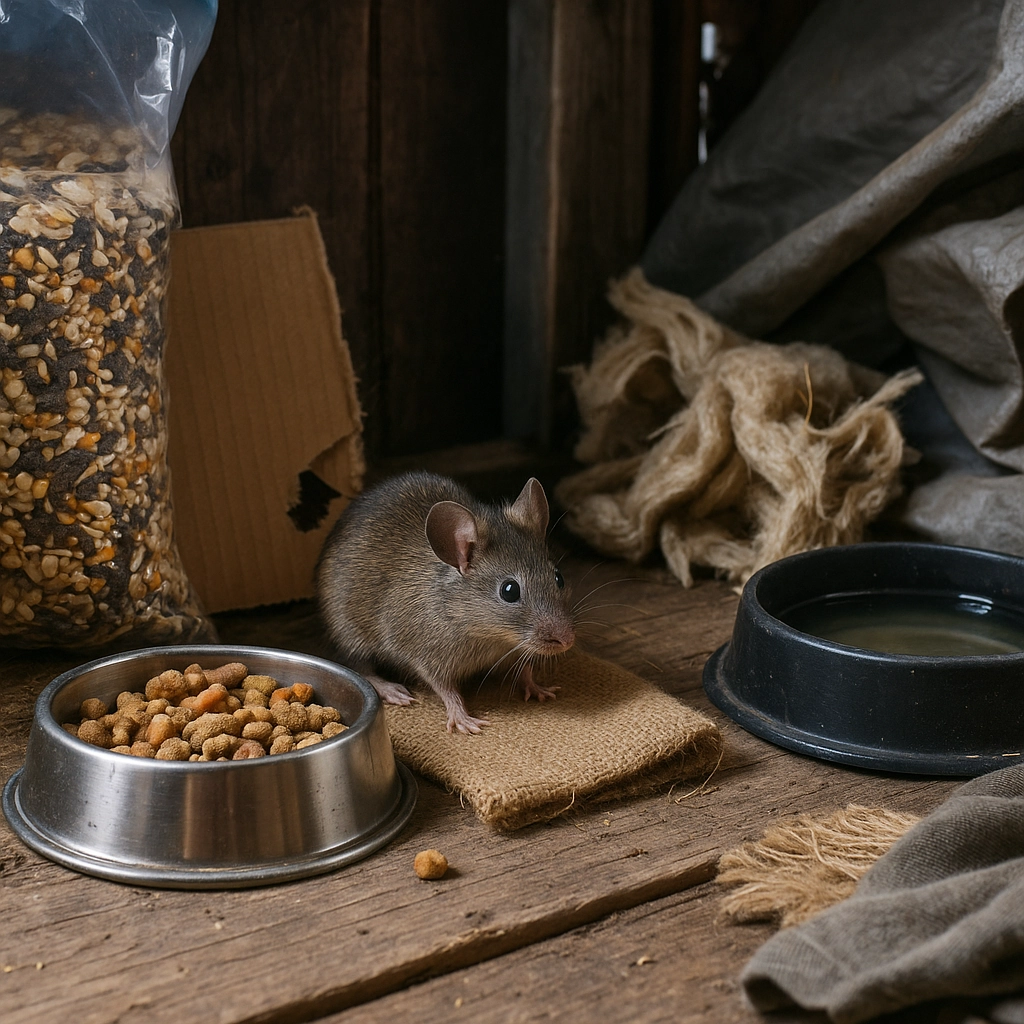 Une souris grignotant de la nourriture à l’intérieur d’un cabanon entouré de désordre.